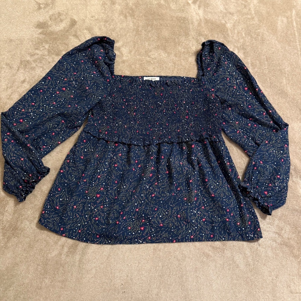 Umgee Navy Floral Smocked Puff Sleeve Blouse Metallic Pinstripe Square Neck M